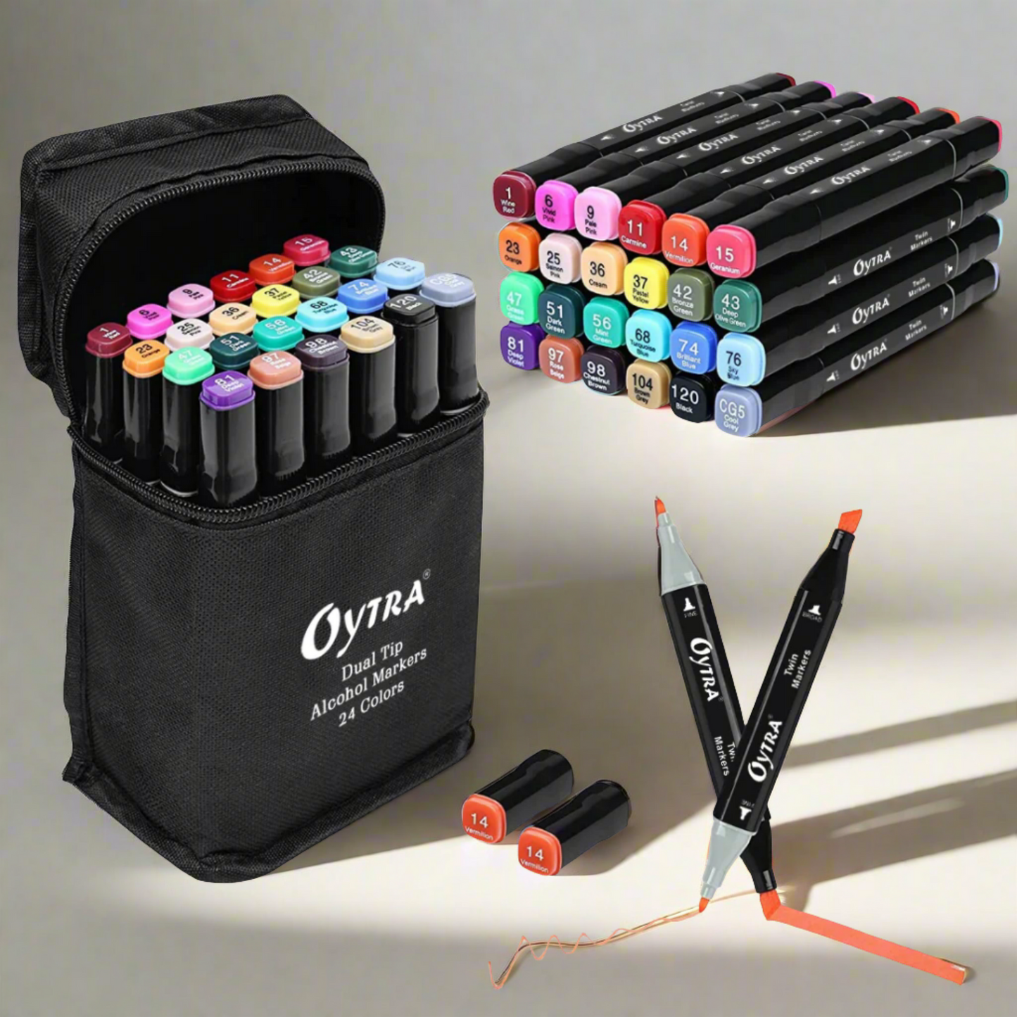 Alcohol Markers 24 Colors Dual Tip Bullet and Calligraphy Pens