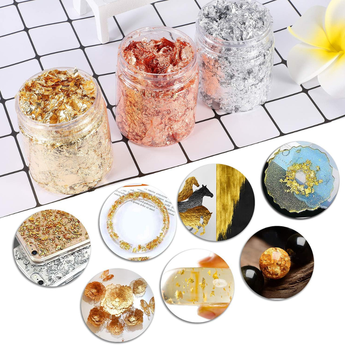 Silver and Gold Metallic Leaf Foil Paper Flakes Set of 3