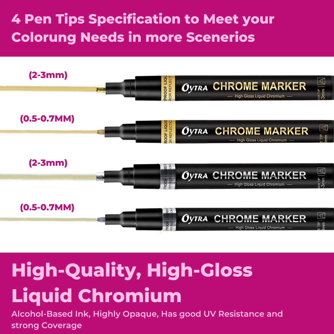 Chrome Marker Set 4 Pcs/Set, Silver & Golden Pens, Tip 1mm & 2-3mm
