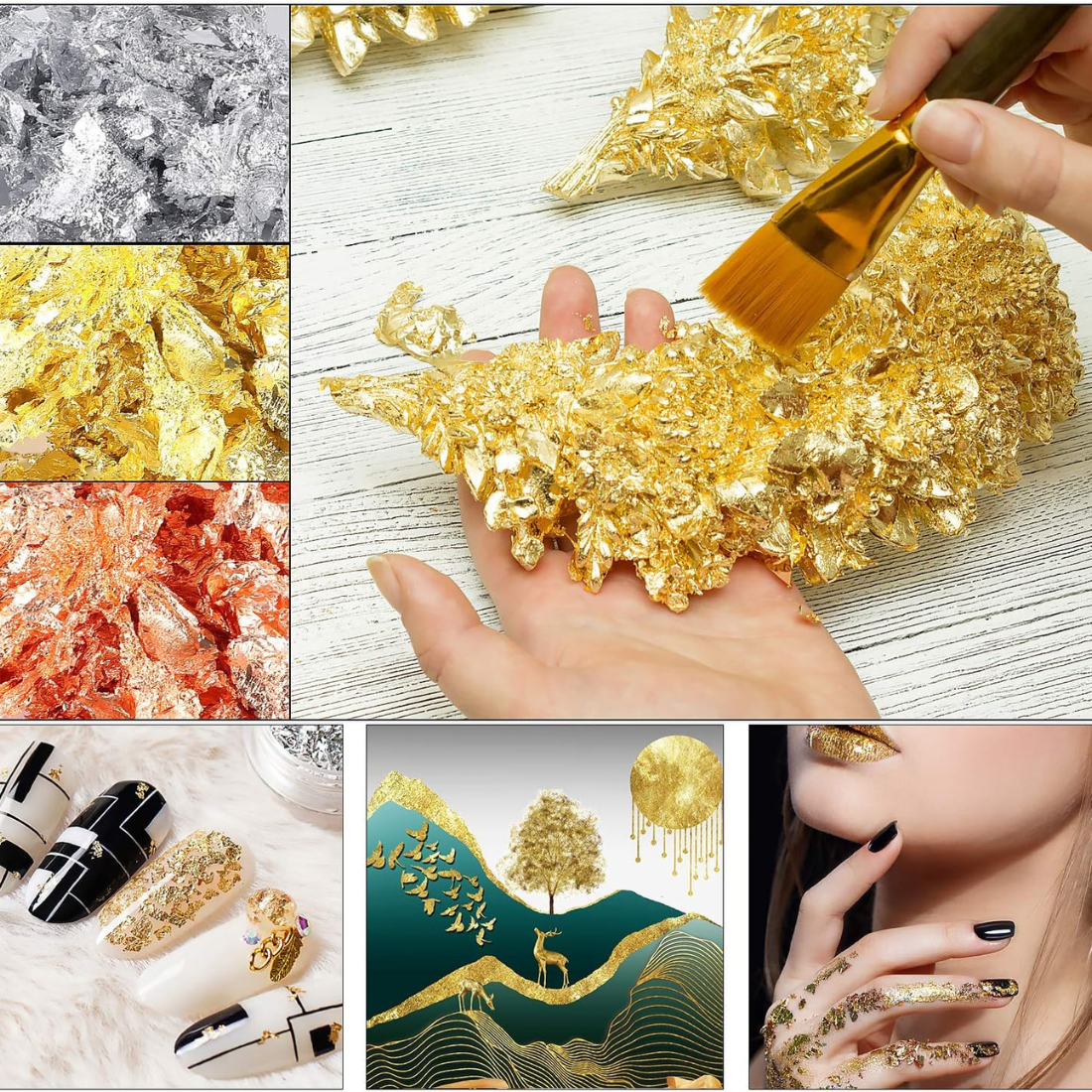Silver and Gold Metallic Leaf Foil Paper Flakes Set of 3