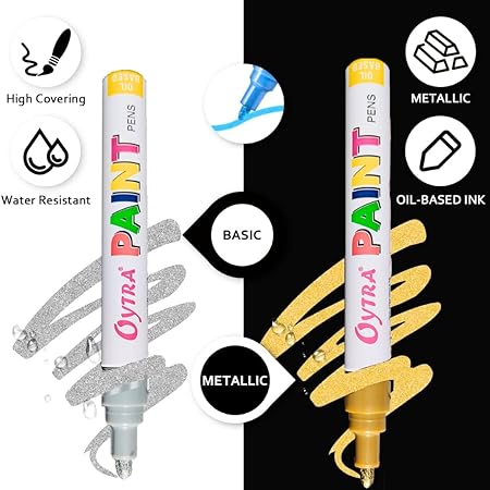 Oytra Paint Marker Pens Permanent Waterproof Oil Based Individual pens Works and All Surfaces, Wood, Fabric, Steel, Glass (Gold, Silver)