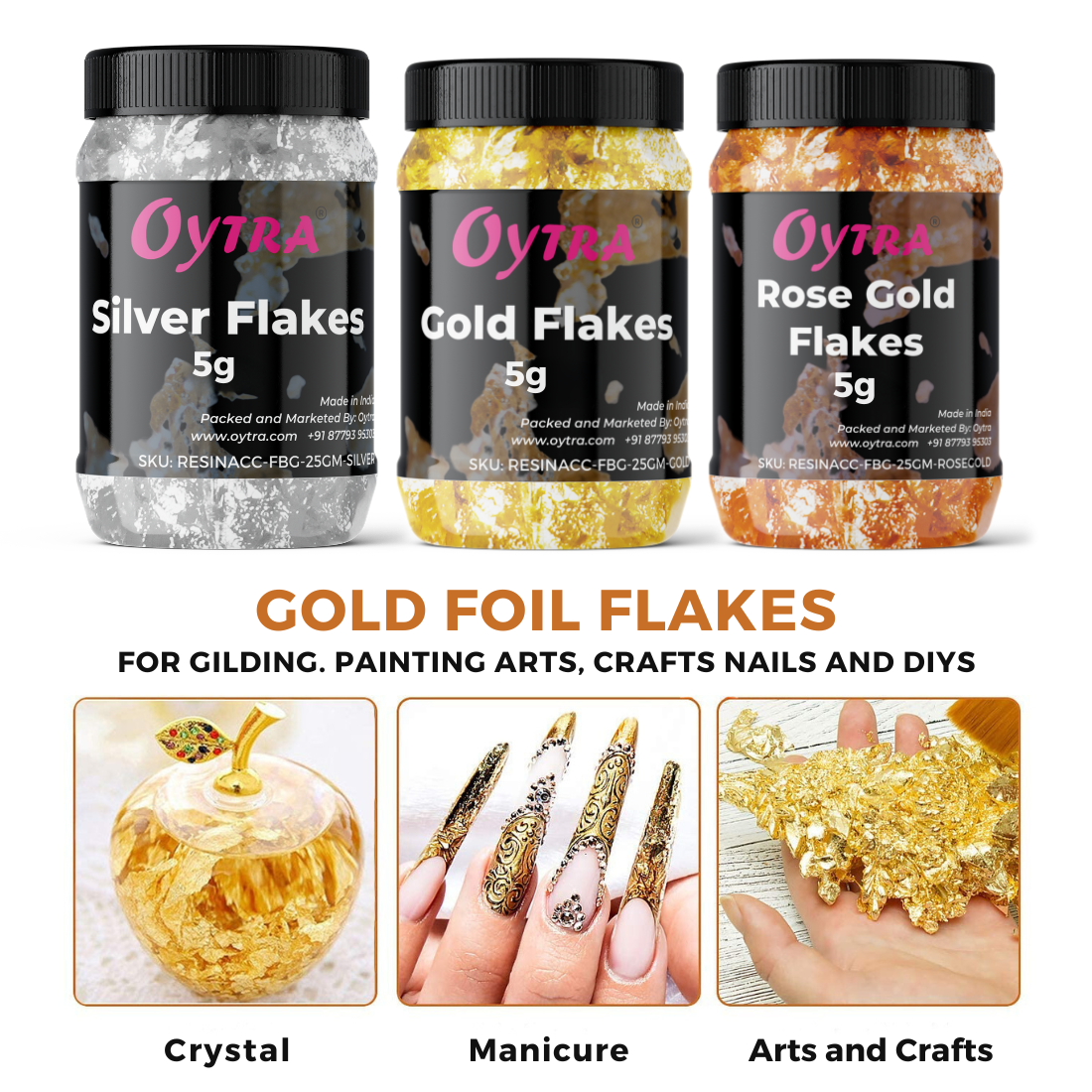 Silver and Gold Metallic Leaf Foil Paper Flakes Set of 3