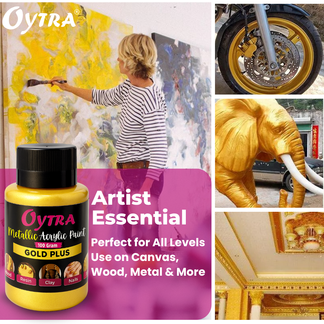 Oytra 100 ml Metallic Acrylic Color Paint Metal Colours for Professionals Artist Hobby Painters DIY Art and Craft Painting Drawings on Canvas (Gold)