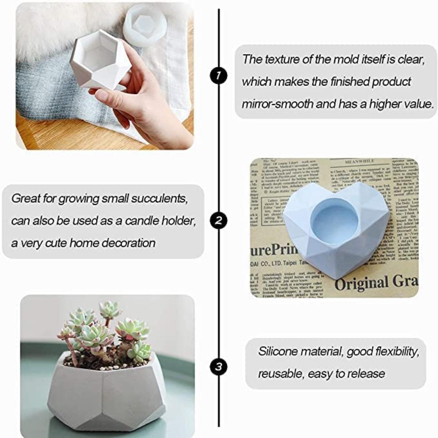 Set of 3 Heart Candle Planter Silicone Mold