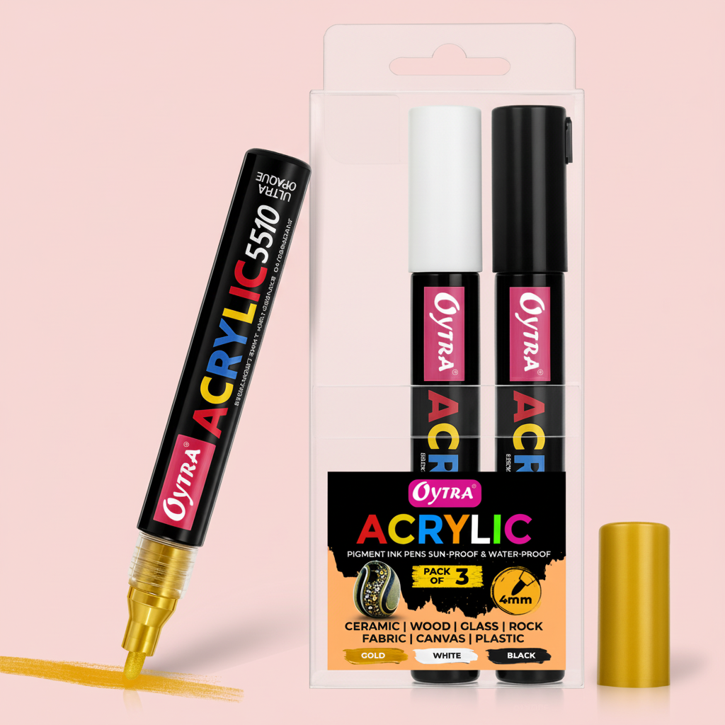 Acrylic Paint Marker Pens Combo Set of 3 - Gold, White, Black - Oytra
