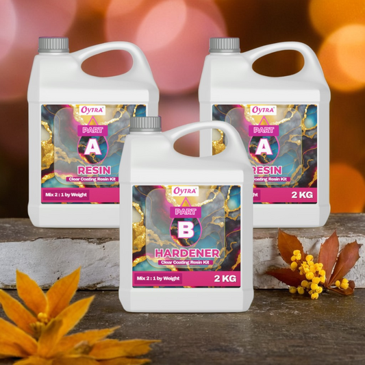 Oytra 6 kg Epoxy Art Resin Kit with 2:1 ratio includes 4 kg resin and 2 kg hardener formulated for crystal-clear, high-gloss, bubble-free finishes ideal for jewelry making, resin art, and coating projects