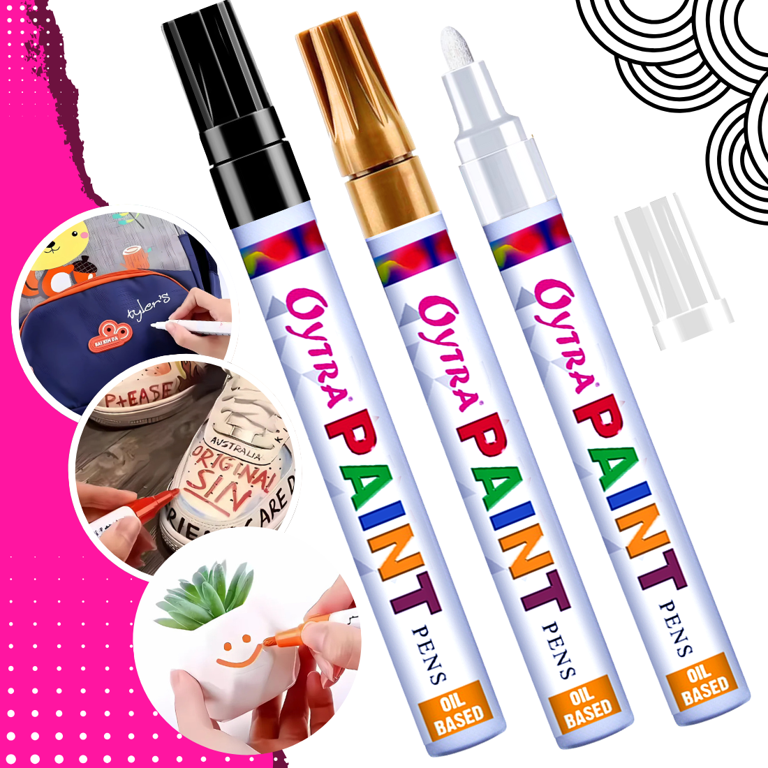 Set of 3 Black, White & Gold paint permanent marker pens with fine chisel tips