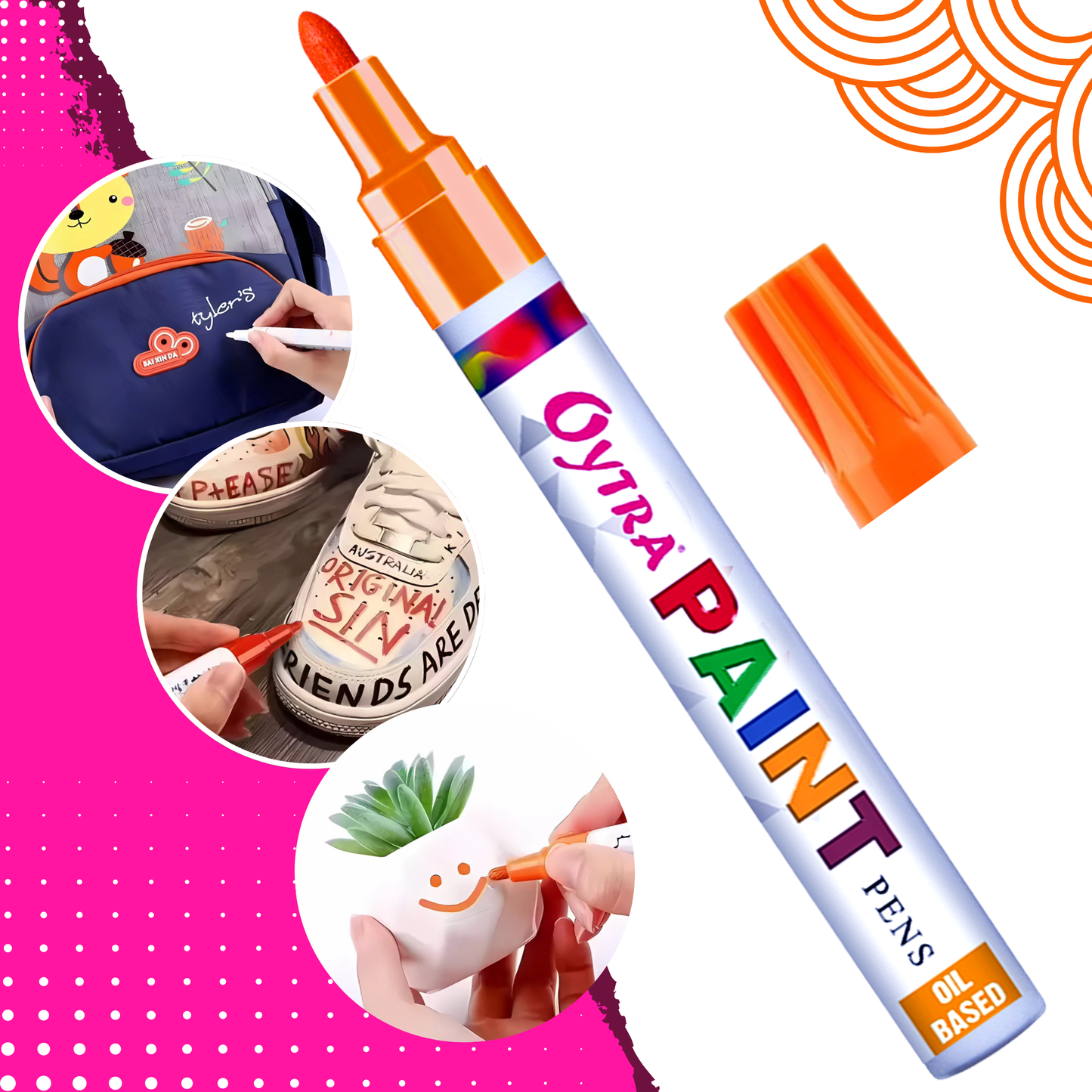 Orange paint permanent marker pens with fine chisel tips