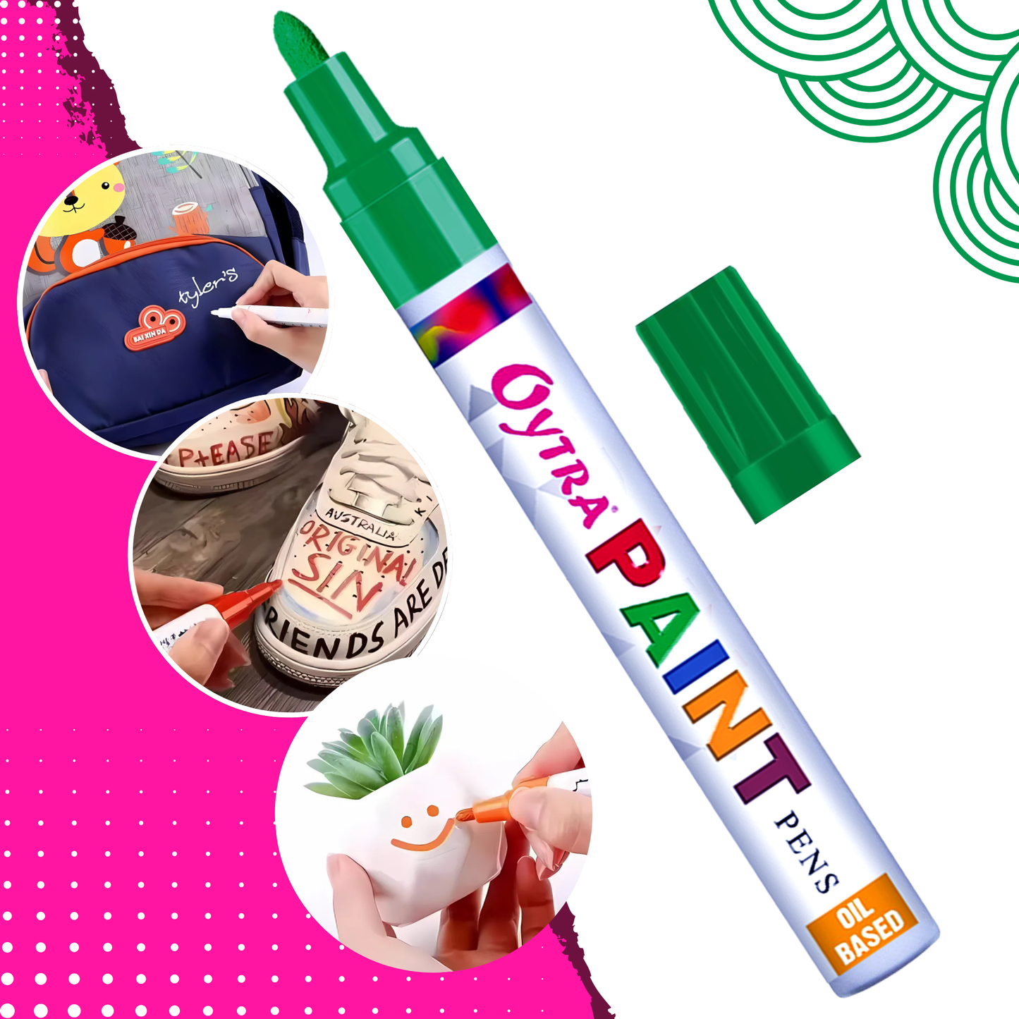 Green paint permanent marker pens with fine chisel tips