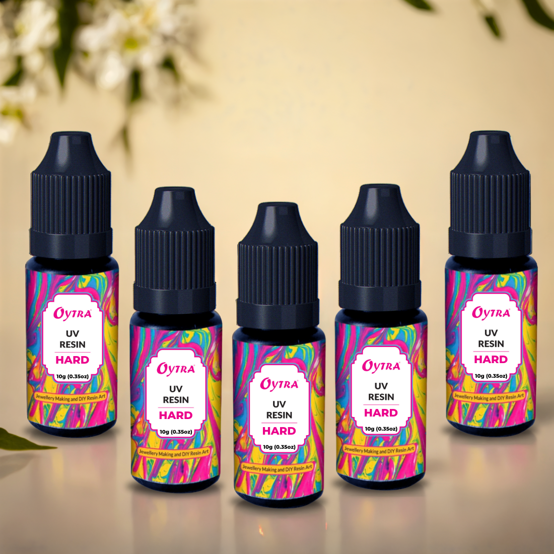 Oytra UV Curing Resin set of 5 x 10 g bottles, non-toxic and ultra-clear with a glossy finish cures in 5–10 minutes under any UV light, ideal for polymer clay and small resin crafts