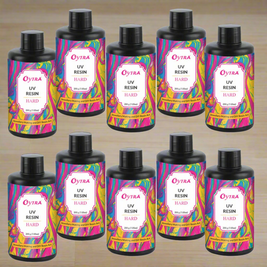 Oytra UV Curing Resin bulk pack of 10 x 200 g bottles non-toxic, ultra-clear, glossy finish cures in 5–10 minutes under UV light, jewelry making, and craft coating