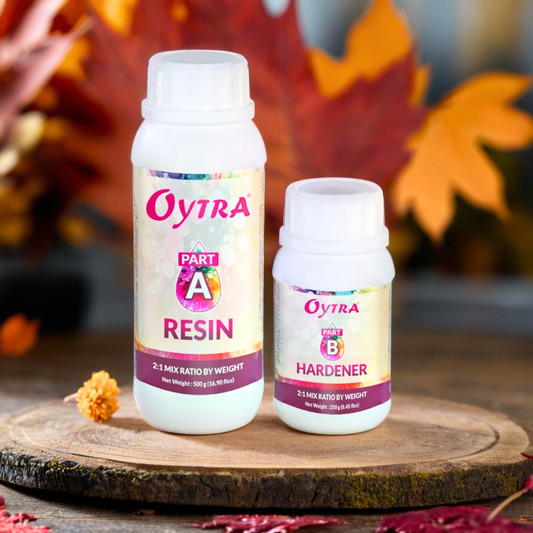 Oytra Epoxy Resin Hardener Set 750 g with 2:1 ratio designed for crystal-clear, high-gloss, self-leveling, and bubble-free finishes—ideal for wood, coasters, jewelry, and resin art projects