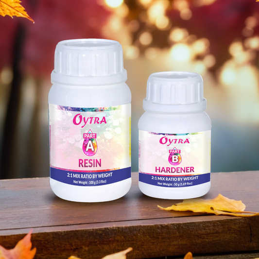 Oytra 150 g Epoxy Resin Kit with 2:1 ratio includes 100 g resin and 50 g hardener designed for ultra-clear, high-gloss, bubble-free finishes in jewelry making, small crafts, and resin art
