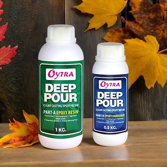 Oytra 1.5 kg Deep Pour Resin Hardener combo 2:1 ratio for crystal-clear, UV-resistant finishes and slow curing on tabletops, coasters, clocks, and large DIY art