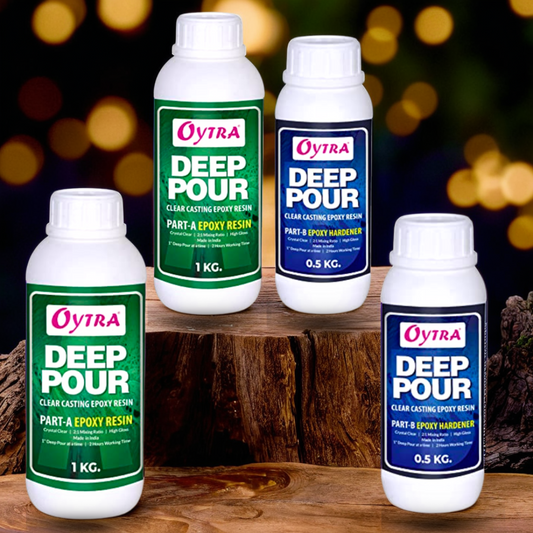Oytra 3kg Deep Casting Resin and Hardener Kit with 2kg resin bottle and 1kg hardener bottle designed for deep pour applications and crystal clear finish