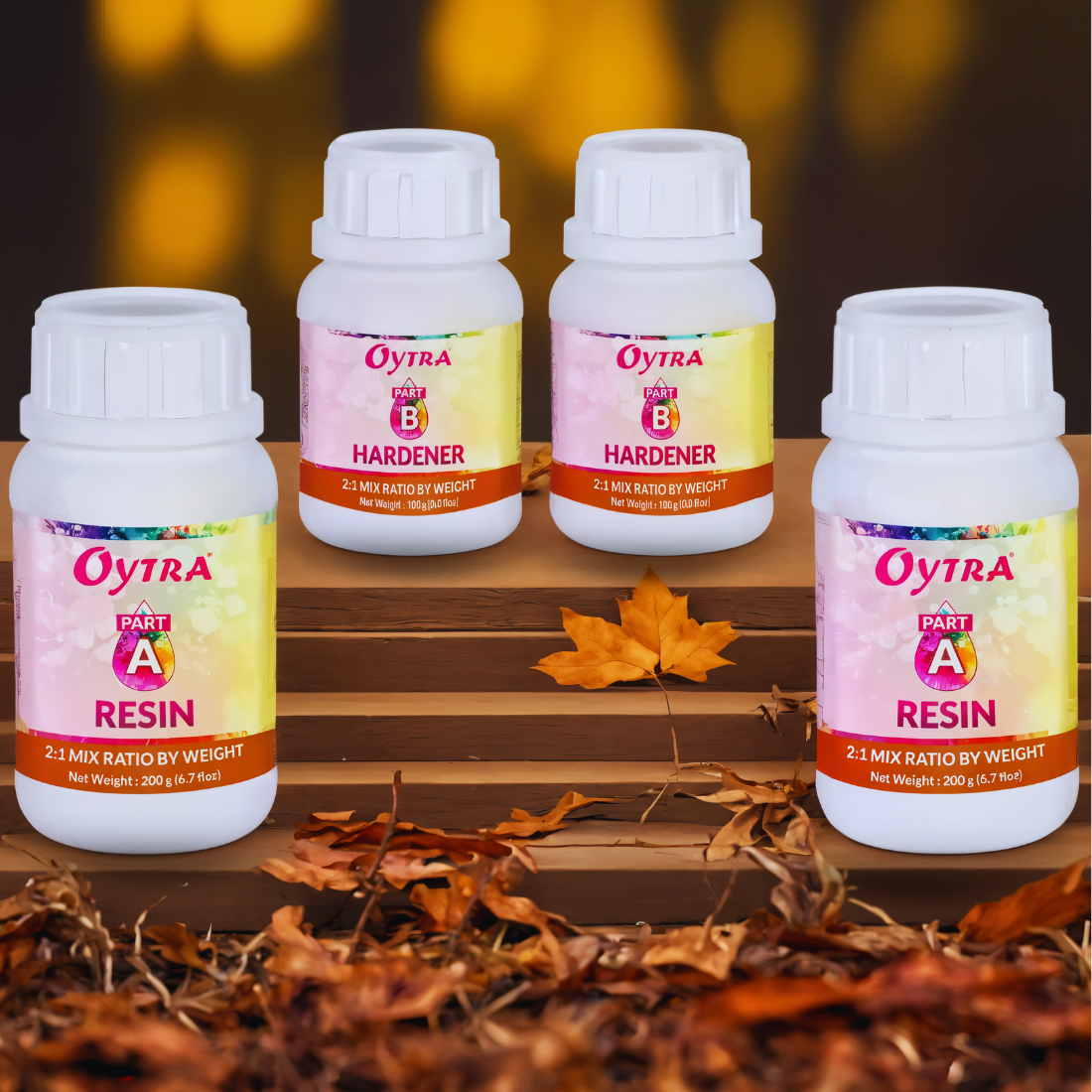 Oytra Epoxy PRIME Resin Hardener Set (600 g total) with 2:1 mix ratio, designed for crystal-clear, self-leveling, bubble-free finishes ideal for jewelry, resin art, tabletops, and wood casting projects
