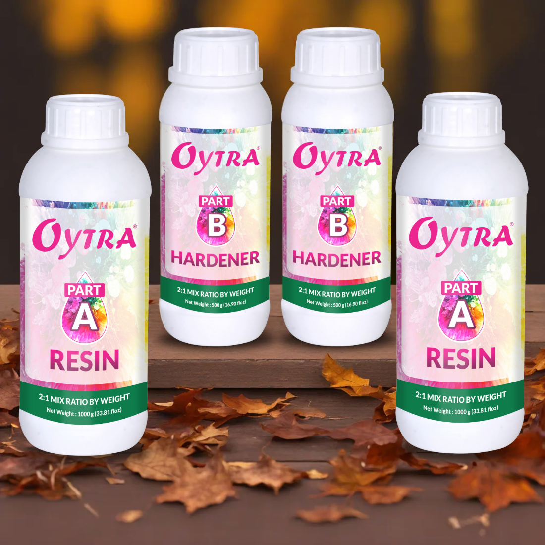 Oytra 3 kg Epoxy Art Resin Kit with 2:1 ratio—includes 2 kg resin and 1 kg hardener—formulated for smooth, ultra-clear, bubble-free finishes ideal for jewelry, coasters, and DIY resin art