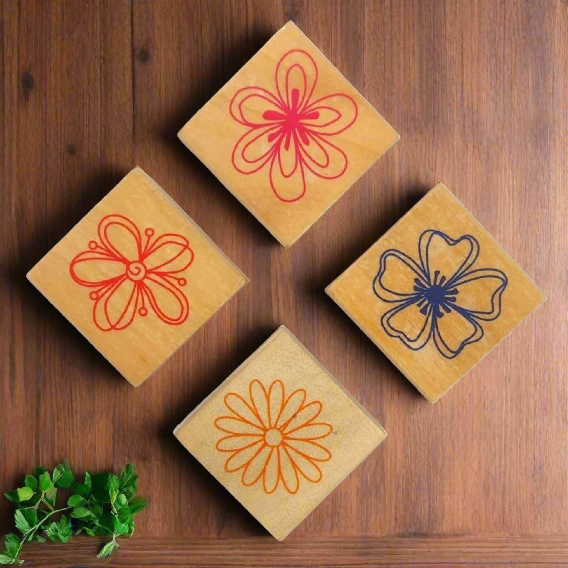 4 Pcs Wooden Flower Block Stamp Set - Oytra