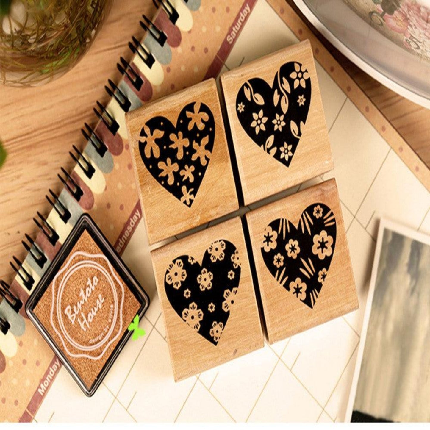 4 Piece/Set Wooden Heart Block Rubber Stamps - Oytra