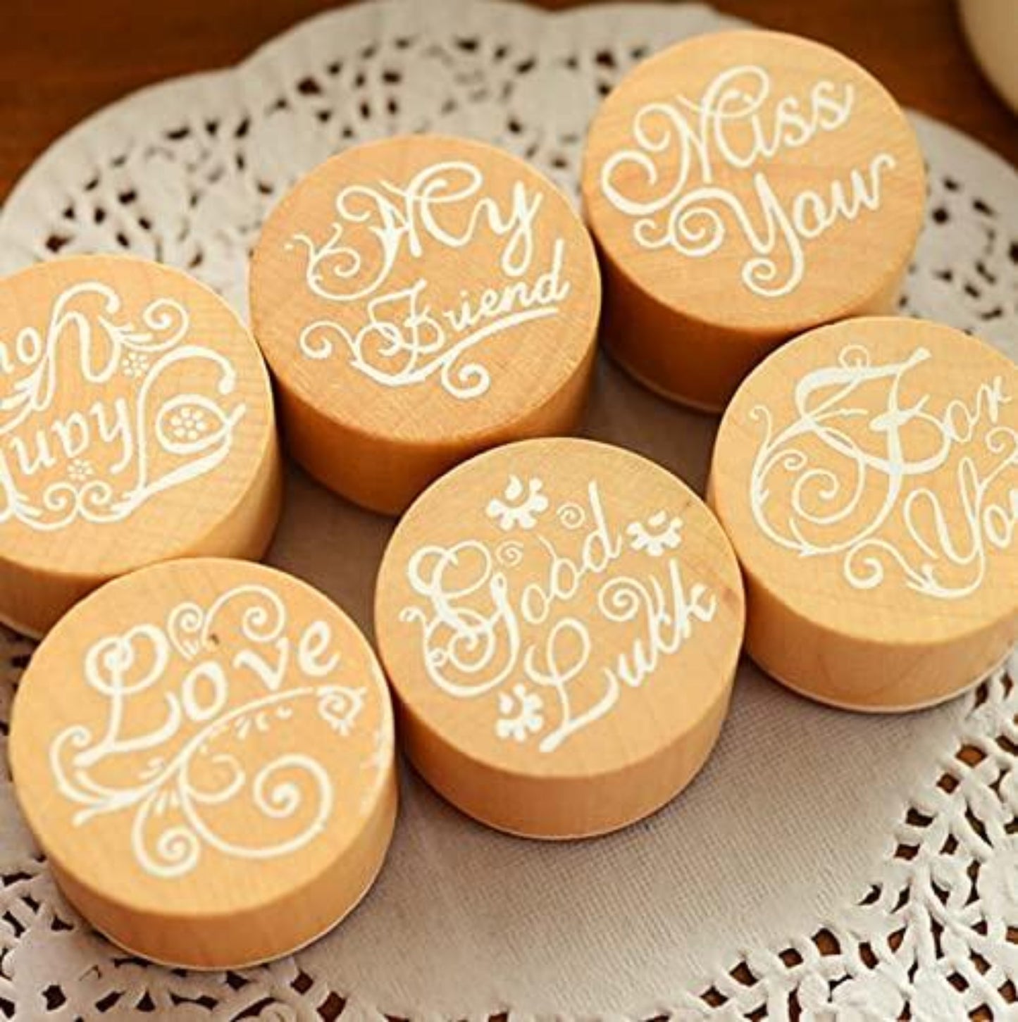 6 Pc Wooden Round Block Word Stamps - Oytra