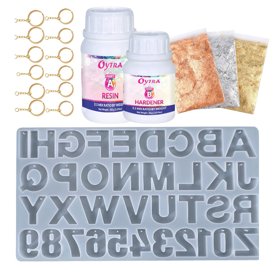 Oytra Resin Keychain Making Set DIY Kit Combo with Moulds Alphabet, Flakes Materials Full Set with Mold Resins Hardener