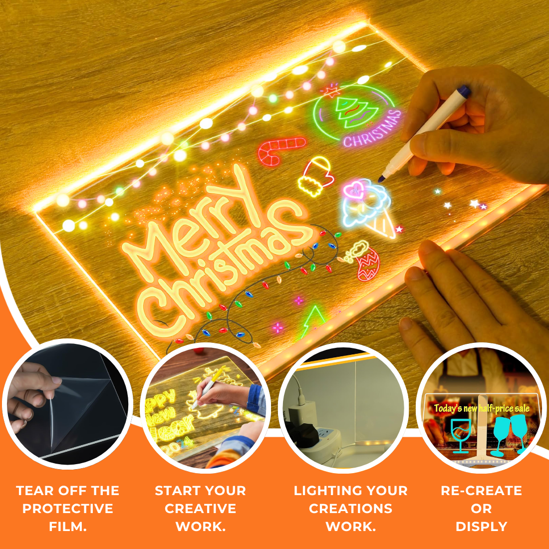 LED Acrylic Writing Pad with 7 Chalk Markers