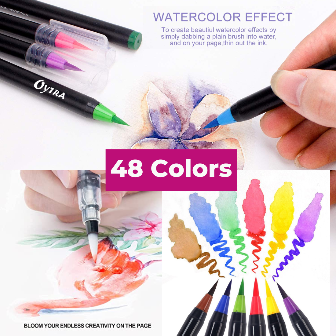 48 Colors Real Brush Pens for Watercolor Painting with Flexible Nylon Brush  Tips, Fine Point Markers for Coloring 
