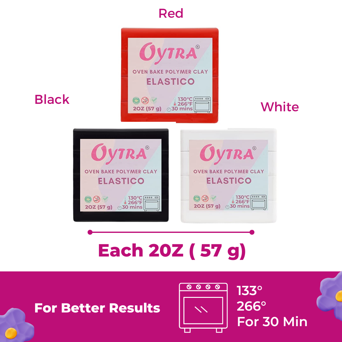 Polymer Oven Bake Clay Combo Black White and Red Elastico Series 57g/2oz per Colour