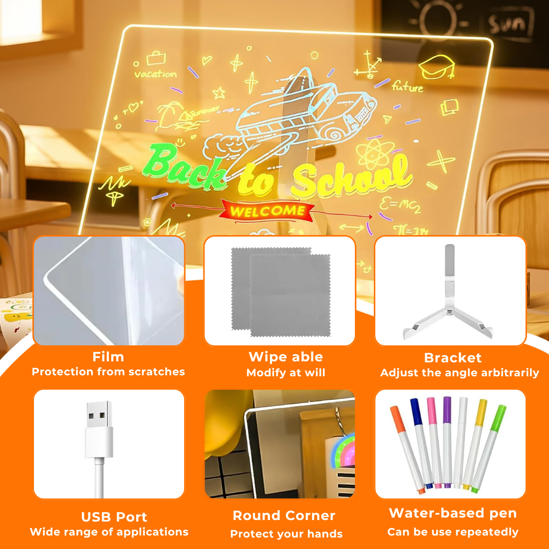 LED Acrylic Writing Pad with 7 Chalk Markers
