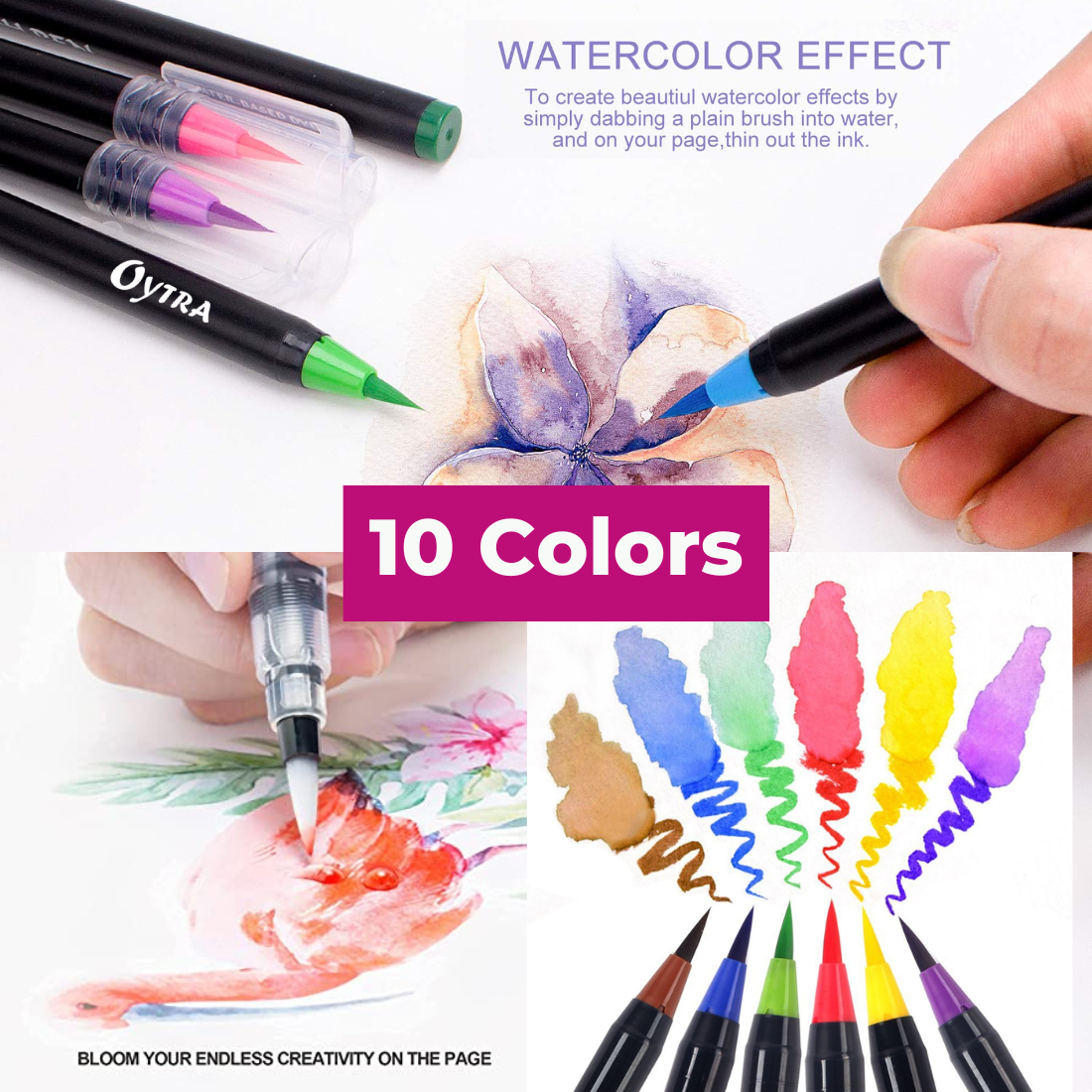 Oytra Brush Pen Set 10 Colors Water Color Painting Sketch Pens with Flexible Fiber Tip