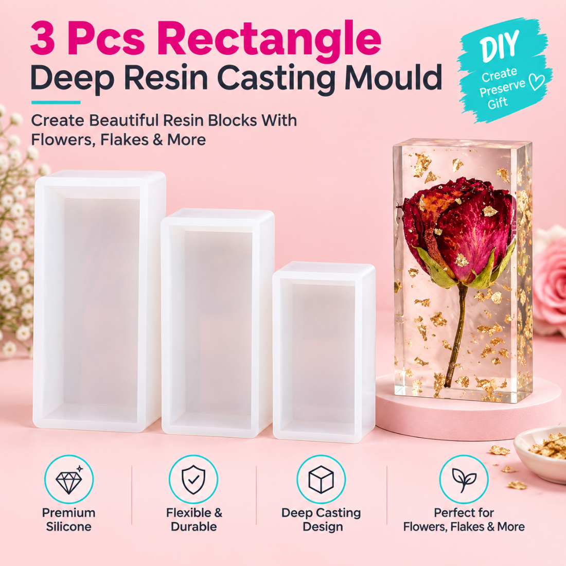 3 Pcs Rectangle Cubic Block Deep Resin Casting Mould