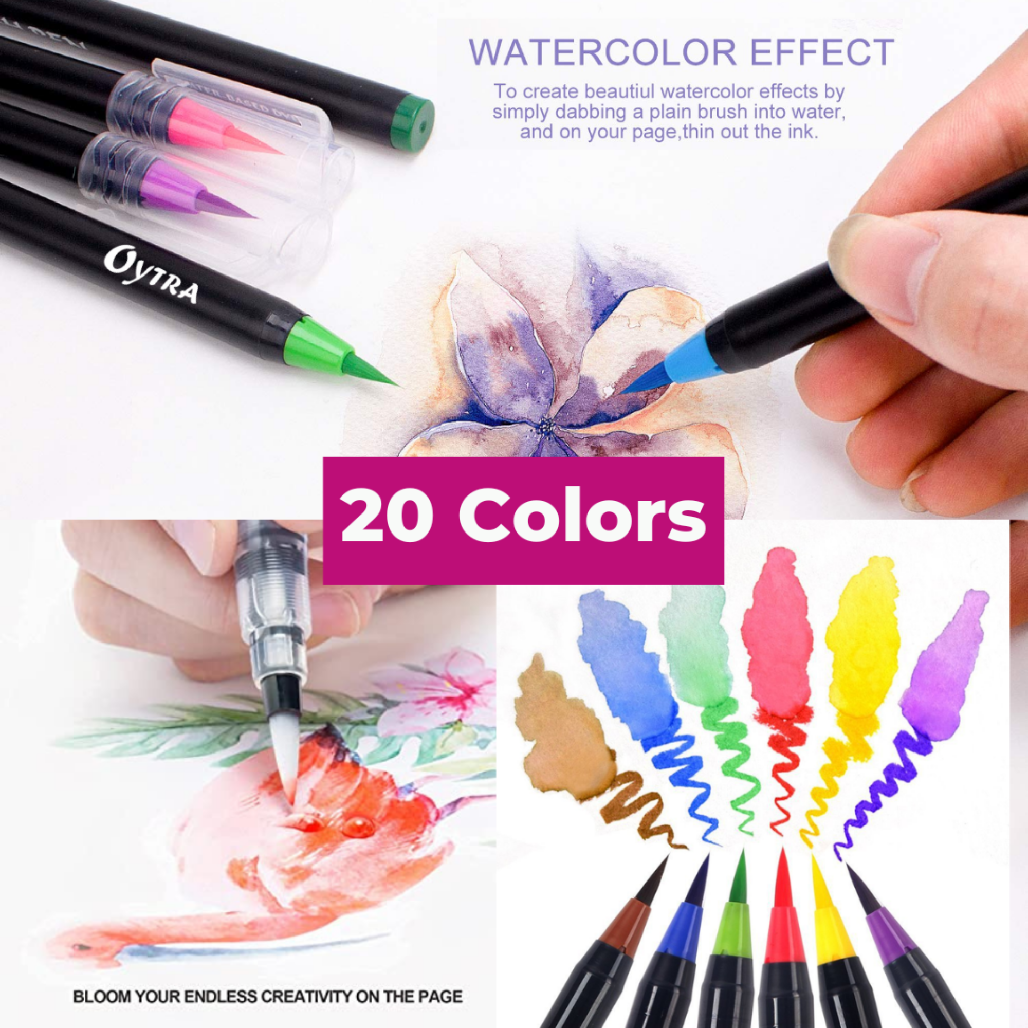 Oytra Brush Pen Set 20 Colors Water Color Painting Sketch Pens with Flexible Fiber Tip