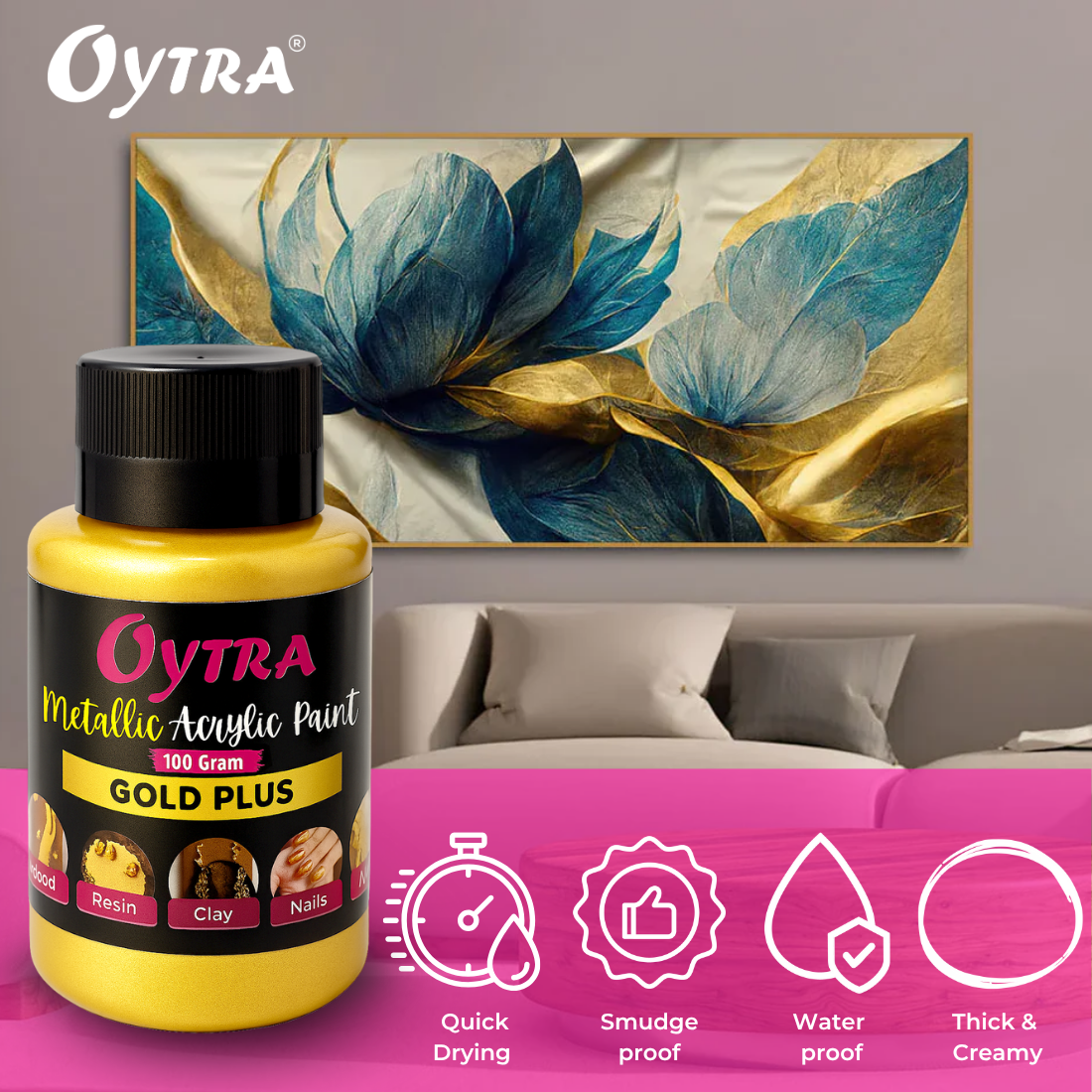 Oytra 100 ml Metallic Acrylic Color Paint Metal Colours for Professionals Artist Hobby Painters DIY Art and Craft Painting Drawings on Canvas (Gold)