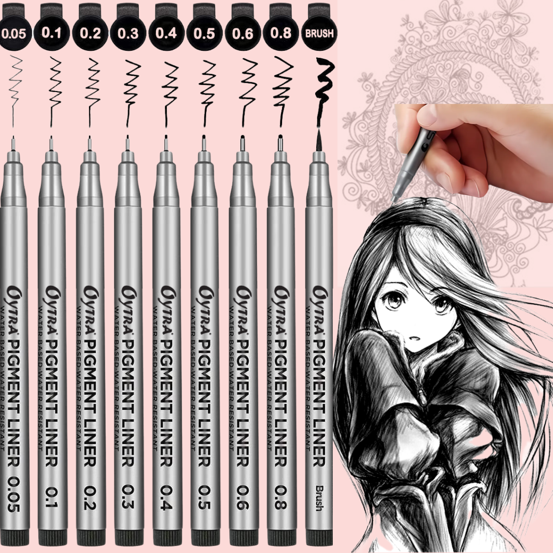 Fineliner Pens 9 Sizes 0.05mm to 0.8mm Black