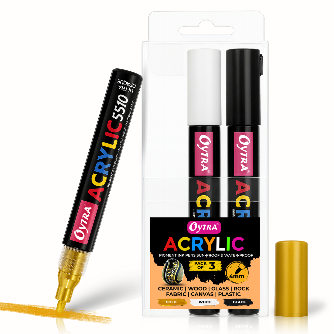 Acrylic Paint Marker Pens Combo Set of 3 - Gold, White, Black