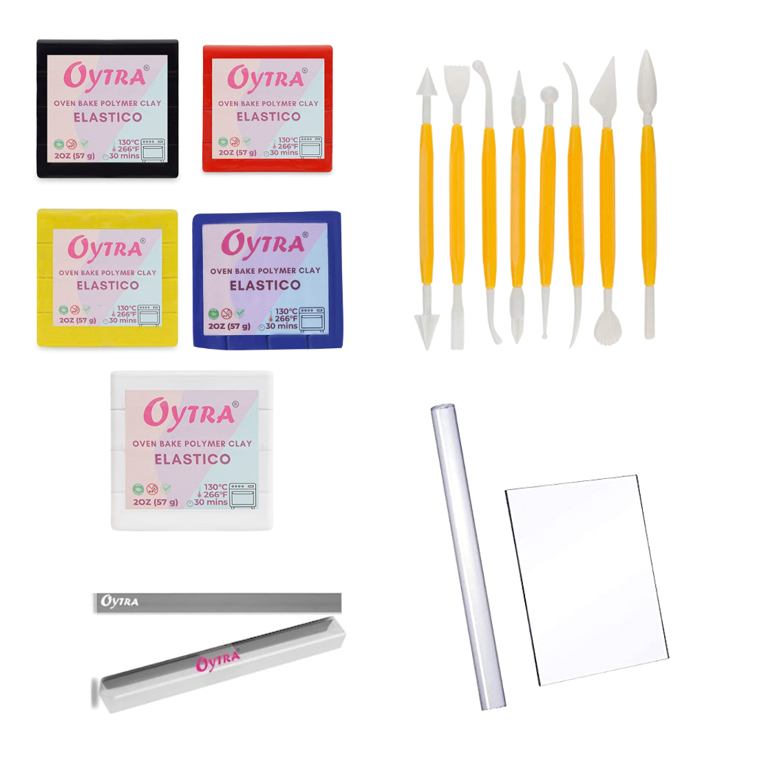 Oytra Polymer Clay Kit Combo 5 Colours with Tools, Tissue Blade and Acrylic Sheet Roller for Jewelry Earrings Making Scuplture Miniatures Pendants
