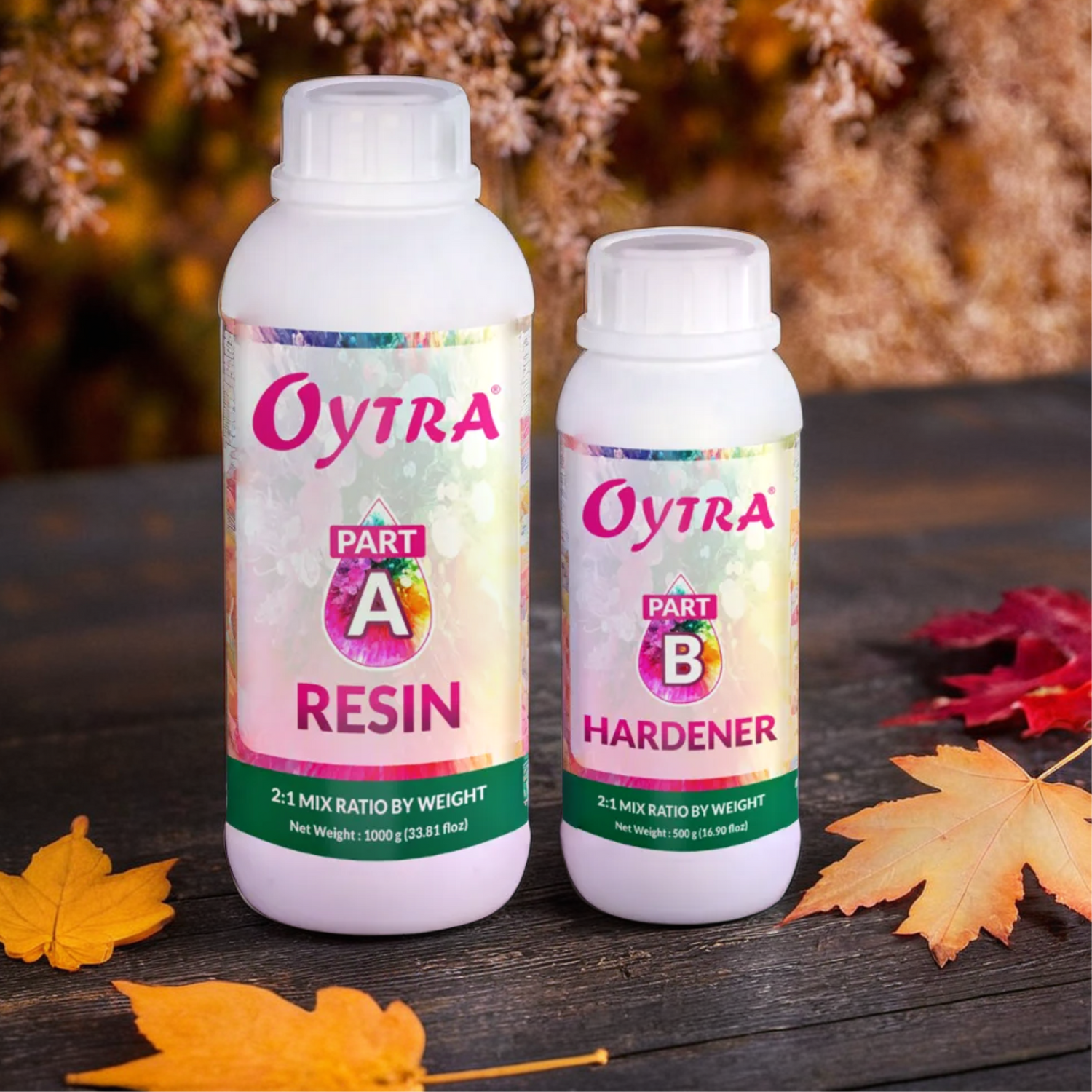 Oytra 1500 g Epoxy Resin and Hardener Set with 2:1 mix ratio formulated for crystal-clear, high-gloss, self-leveling, bubble-free finishes ideal for jewelry, wood, coasters, and resin art projects