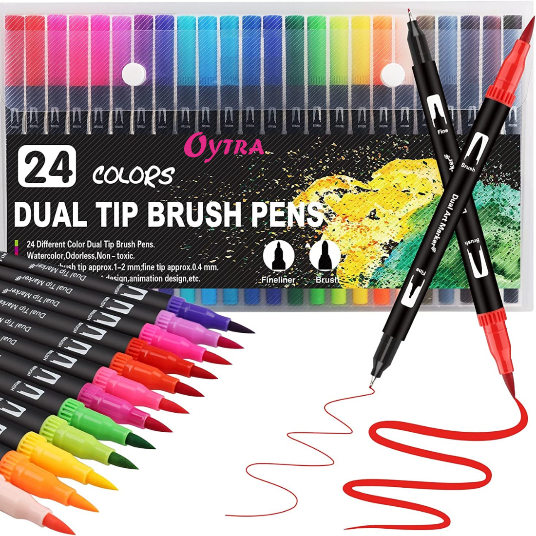 Oytra 24 Colors Dual Tip Brush Pen Art Markers Fine Tip Marker